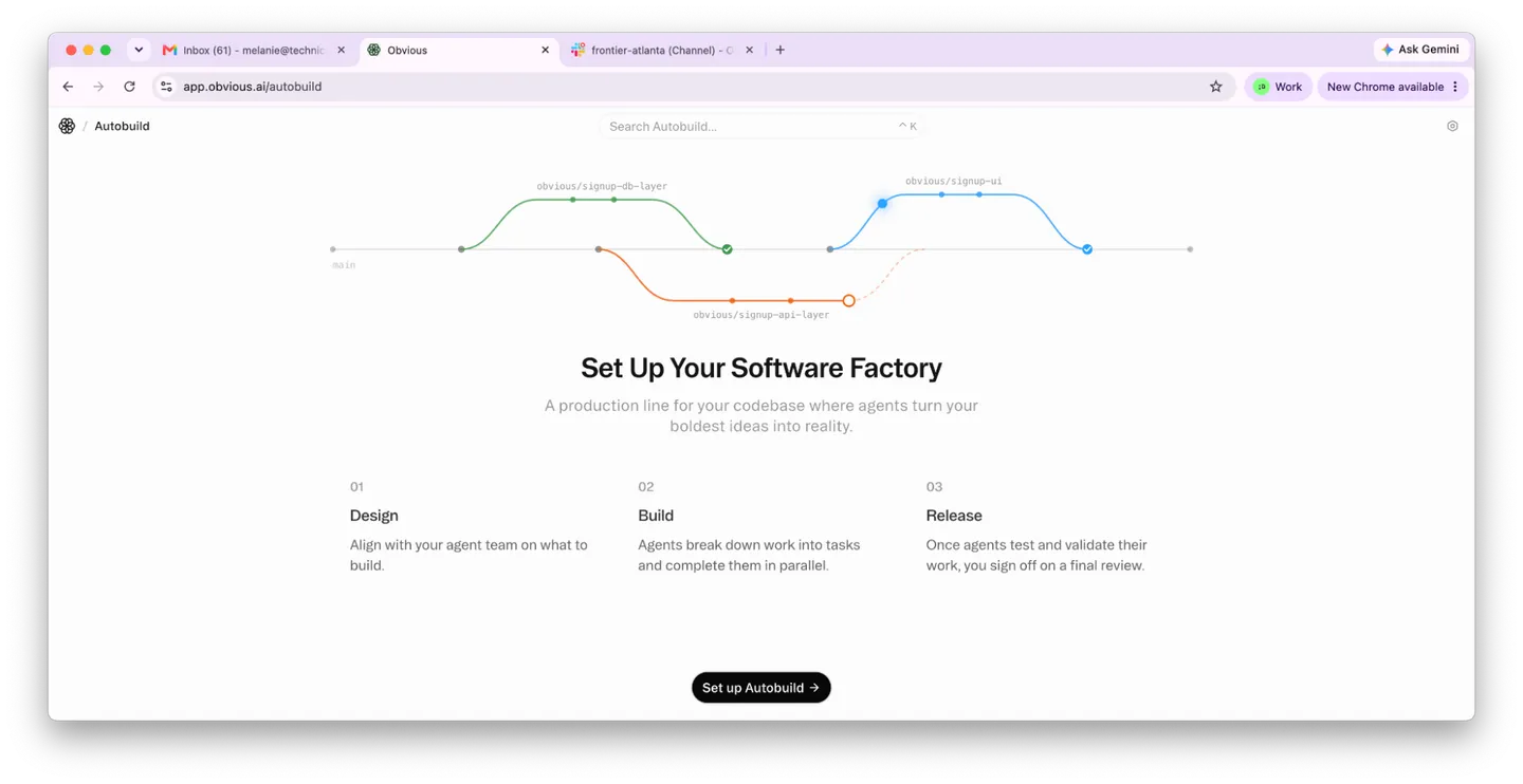 The Obvious Autobuild setup screen illustrating a software factory