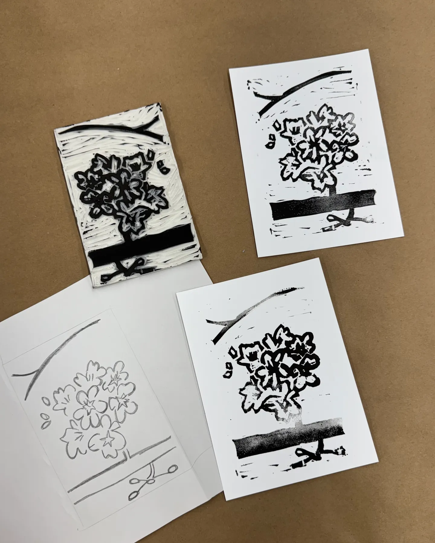 Block prints of cherry tree blooms