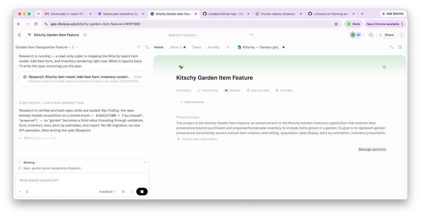 An Obvious project for the Kitschy garden item feature with a research agent running