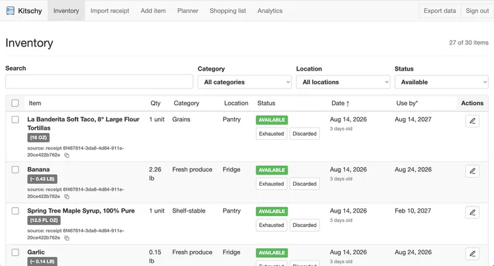 Kitschy kitchen inventory app homepage screenshot