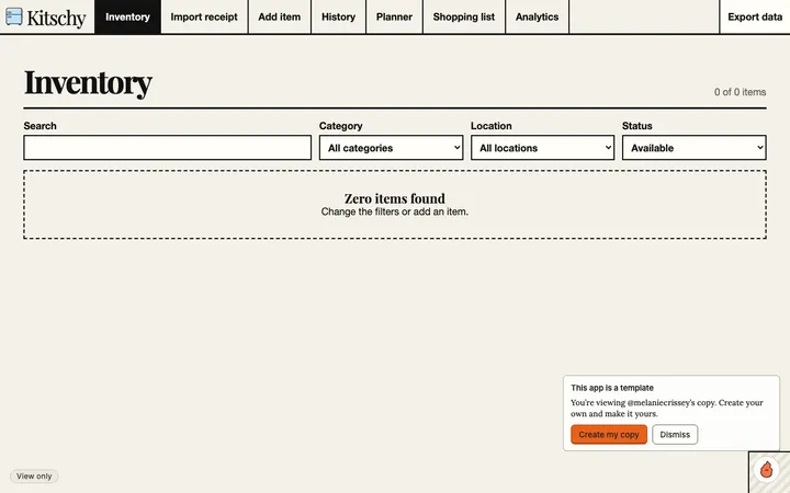 Kitschy kitchen inventory app homepage screenshot
