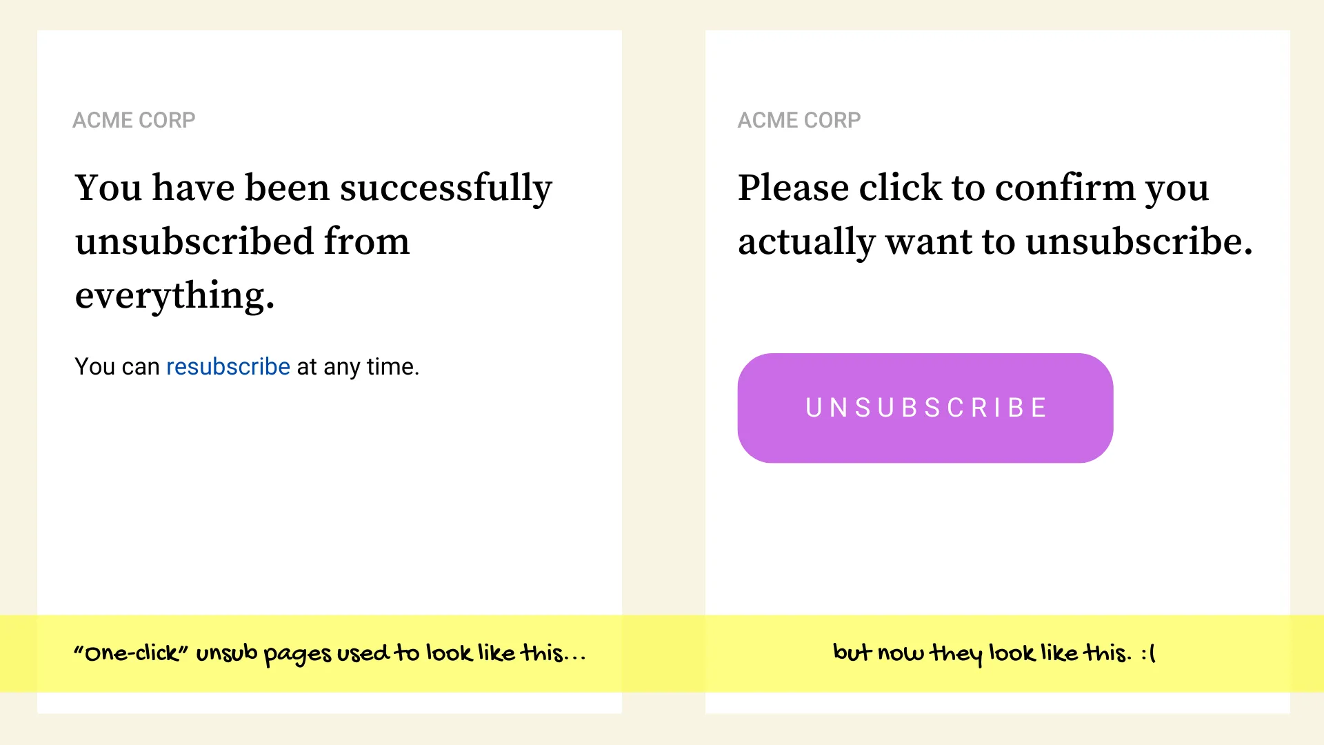 The one-click unsub is now two-clicks