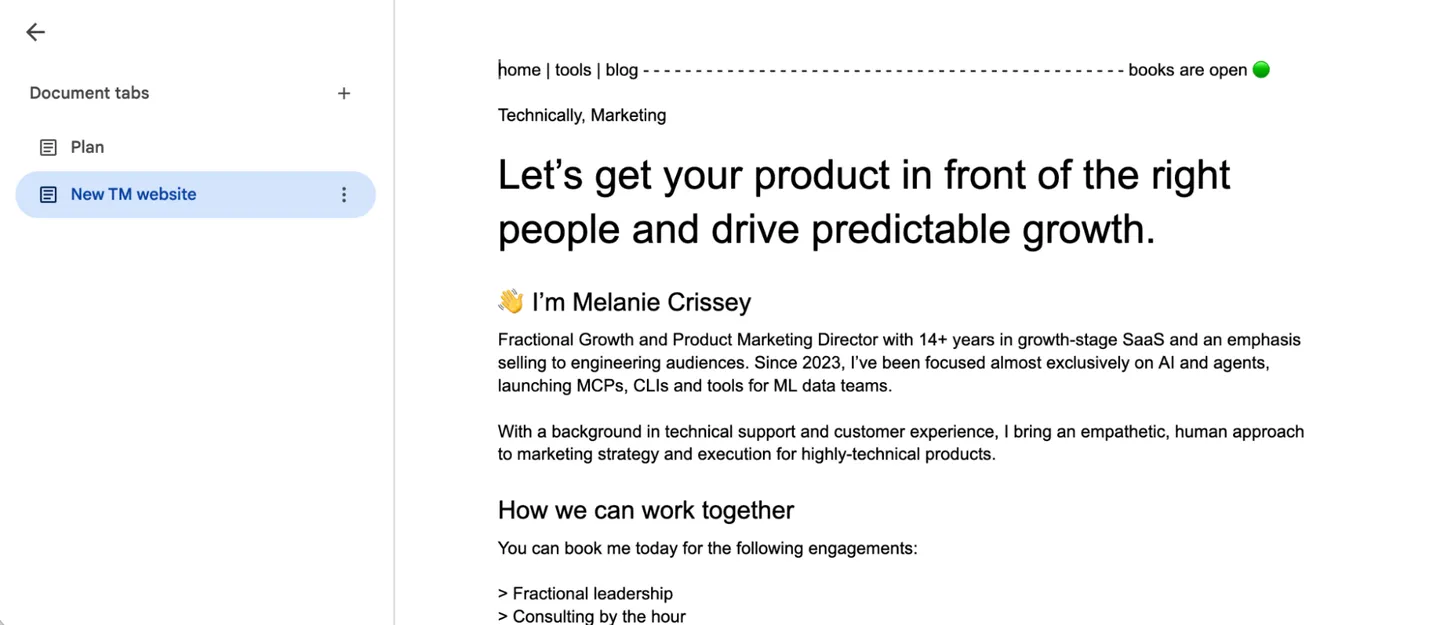 Content wirframe in Google Docs